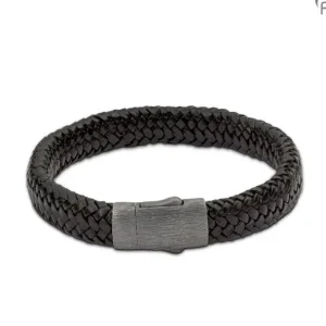 Ein schwarzes, geflochtenes Lederarmband mit strukturiertem Metallverschluss, abgebildet auf weißem Hintergrund. Aurora Tierkrematorium