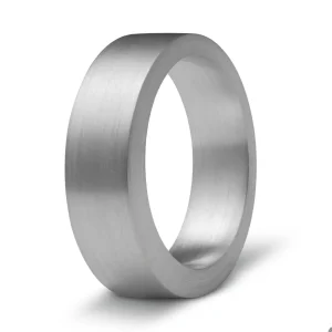 Ein schlichter, breiter, silberfarbener Metallring mit mattem Finish steht aufrecht auf weißem Hintergrund. Aurora Tierkrematorium