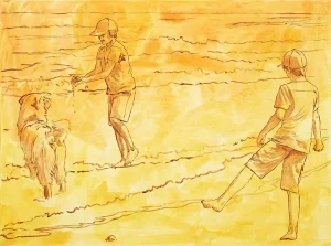 Zwei Jungen mit Mützen und kurzen Hosen spielen mit einem Hund am Strand, mit sanften Wellen im Hintergrund, illustriert in warmen, gelben Tönen. Aurora Tierkrematorium