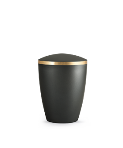 Mattschwarzer, zylindrischer Behälter mit leicht gewölbtem, goldfarbenem Deckel, der auf einer weißen Fläche steht. Aurora Tierkrematorium