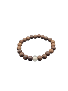 Ein Perlenarmband aus runden braunen Holzperlen mit einer transparenten Perle auf weißem Hintergrund. Aurora Tierkrematorium