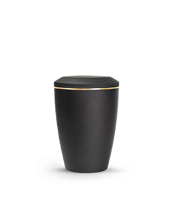 Eine mattschwarze Keramikurne mit glatter Oberfläche und einem dünnen goldenen Band in der Nähe des Deckels vor einem weißen Hintergrund. Aurora Tierkrematorium