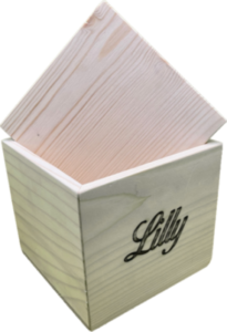 Ein leichtes Holzkästchen mit teilweise geöffnetem Deckel, auf dessen Vorderseite der Name "Lilly" eingraviert ist. Aurora Tierkrematorium